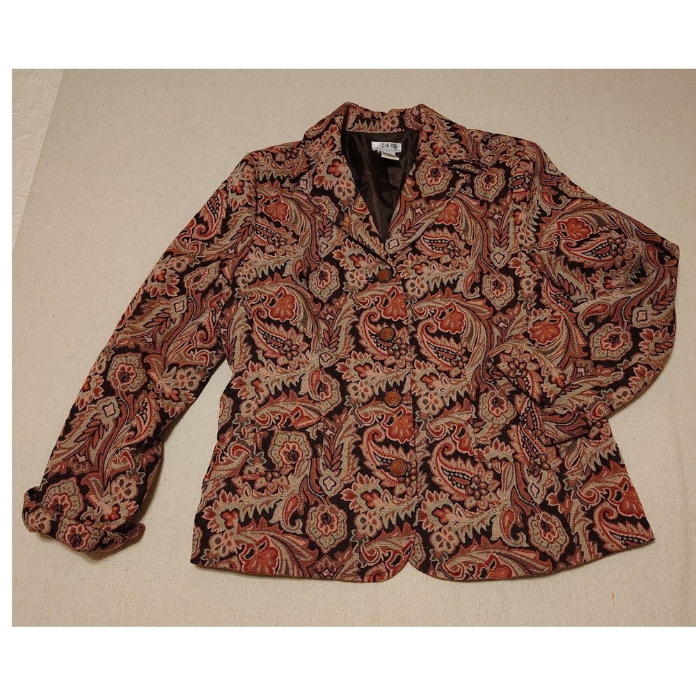 Stonebridge Signature Womens Large Paisley Tapestry Blazer Jacket Rust Black Tan